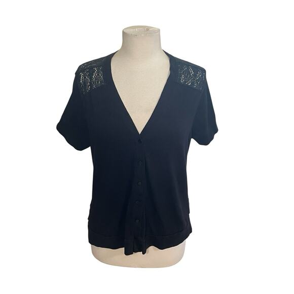 Bandolino Black Crochet Lace Back-Button Up Short Sleeve Top Women’s Size Large - Picture 1 of 7
